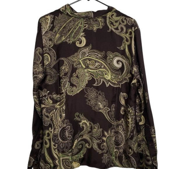 Ann Taylor Women's Paisley Silk  Blouse Brown Green Button Front Ruffle Size 16 - Picture 5 of 12